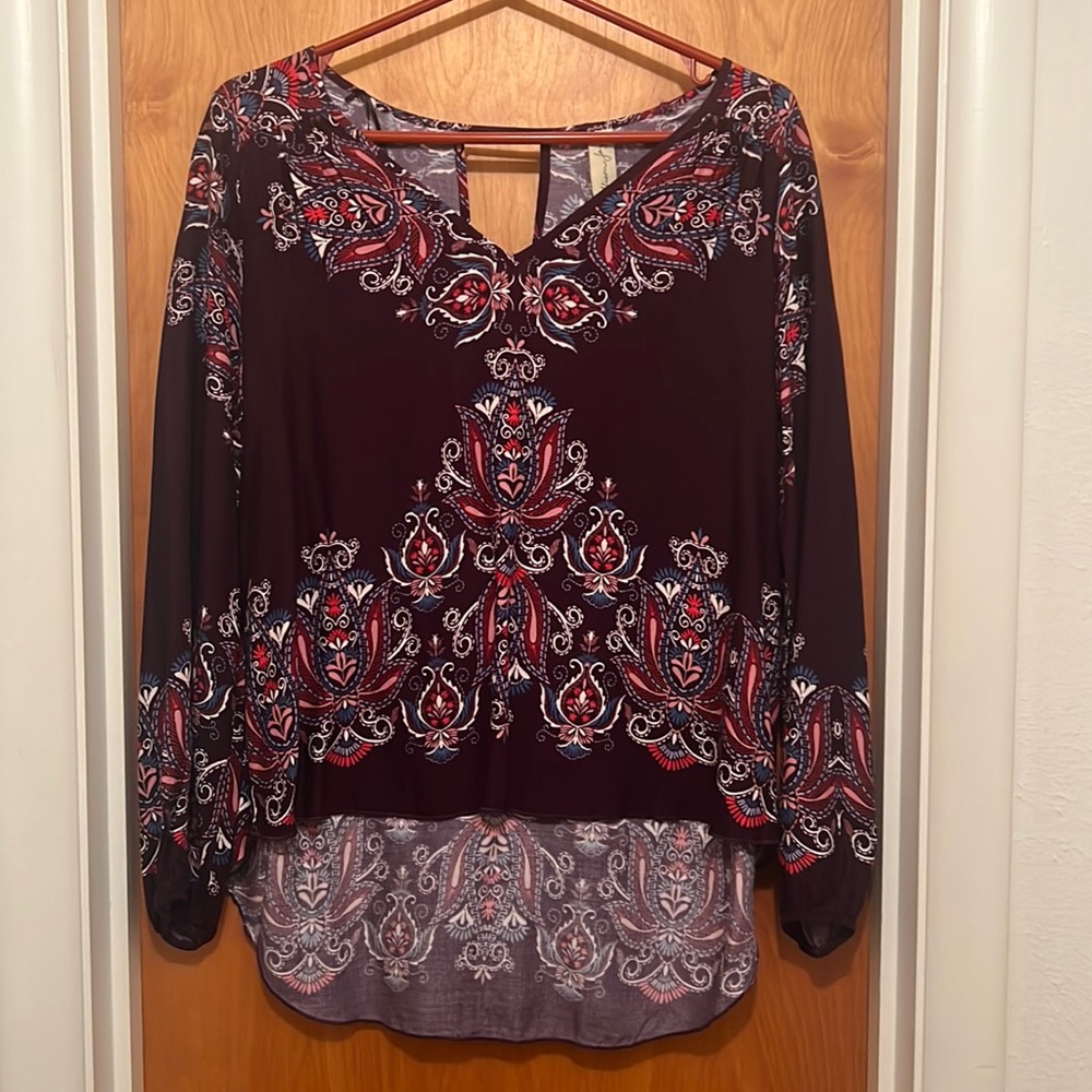 Allison Joy high-low deep plum blouse size s